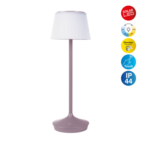 Außentischleuchten - LED / CCT Solar-/ Akkutischleuchte "EMMI" H: 38cm grau/brombeer, Tischlampe für den Außenbereich im Scandi Stil aus Metall und Kunststoff in violett, 38 cm hoch, Ø 13 cm, LED Platine  dimmbar  Berührungssensor  CCT-Wechsler