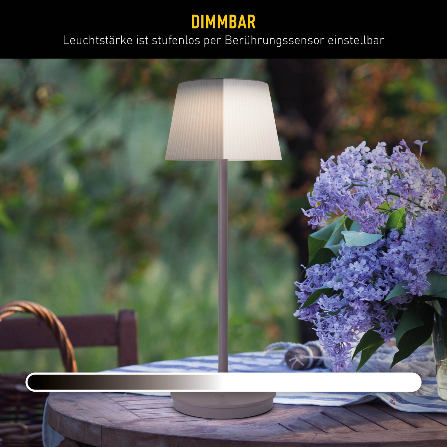 LED / CCT Solar-/ Akkutischleuchte "EMMI" H: 38cm grau/brombeer