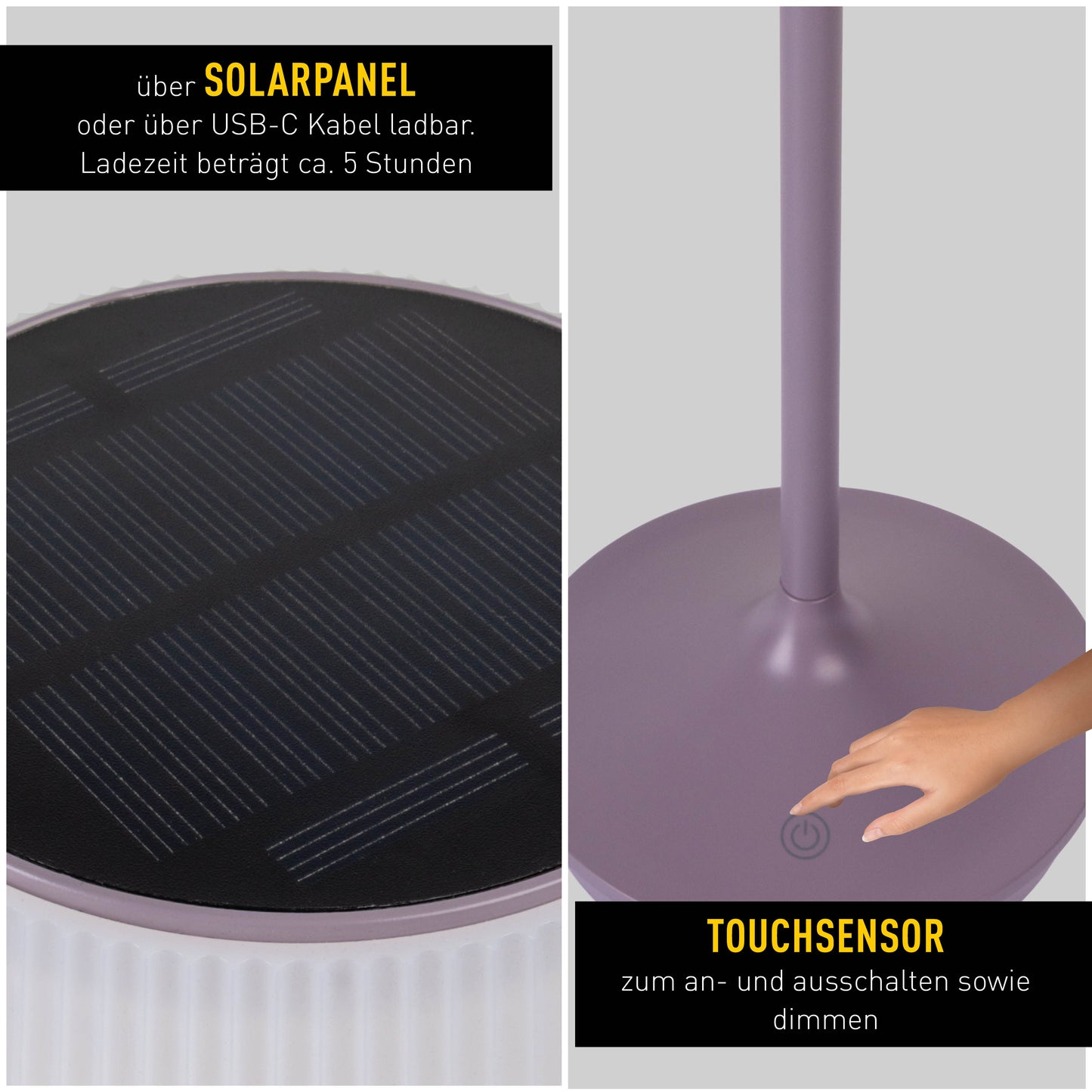 LED / CCT Solar-/ Akkutischleuchte "EMMI" H: 38cm grau/brombeer