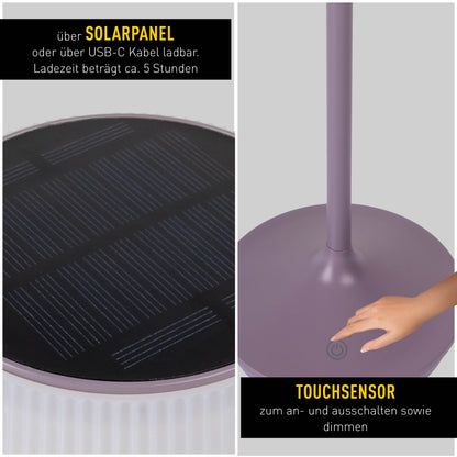 LED / CCT Solar-/ Akkutischleuchte "EMMI" H: 38cm grau/brombeer