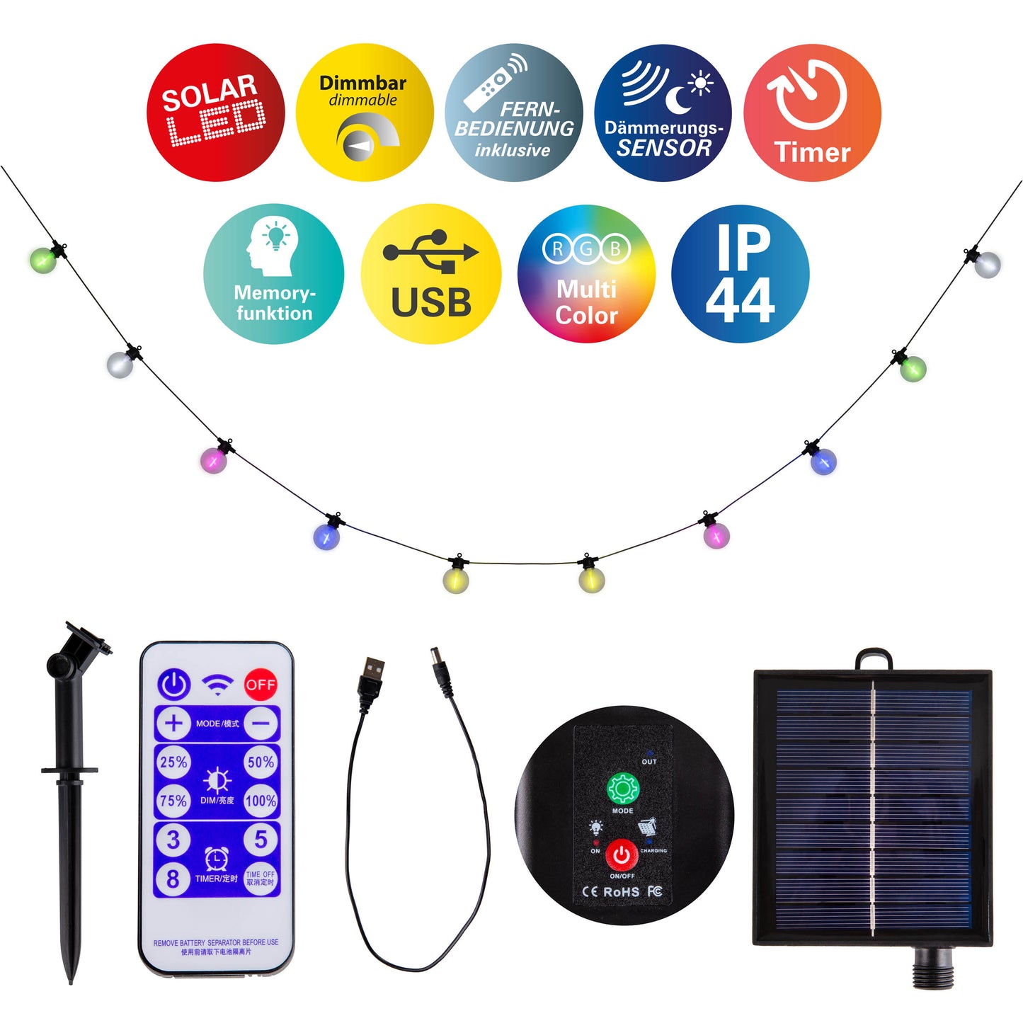 10er Solar-/Akku-/ Neon-Lichterkette RGB "CADENA"
