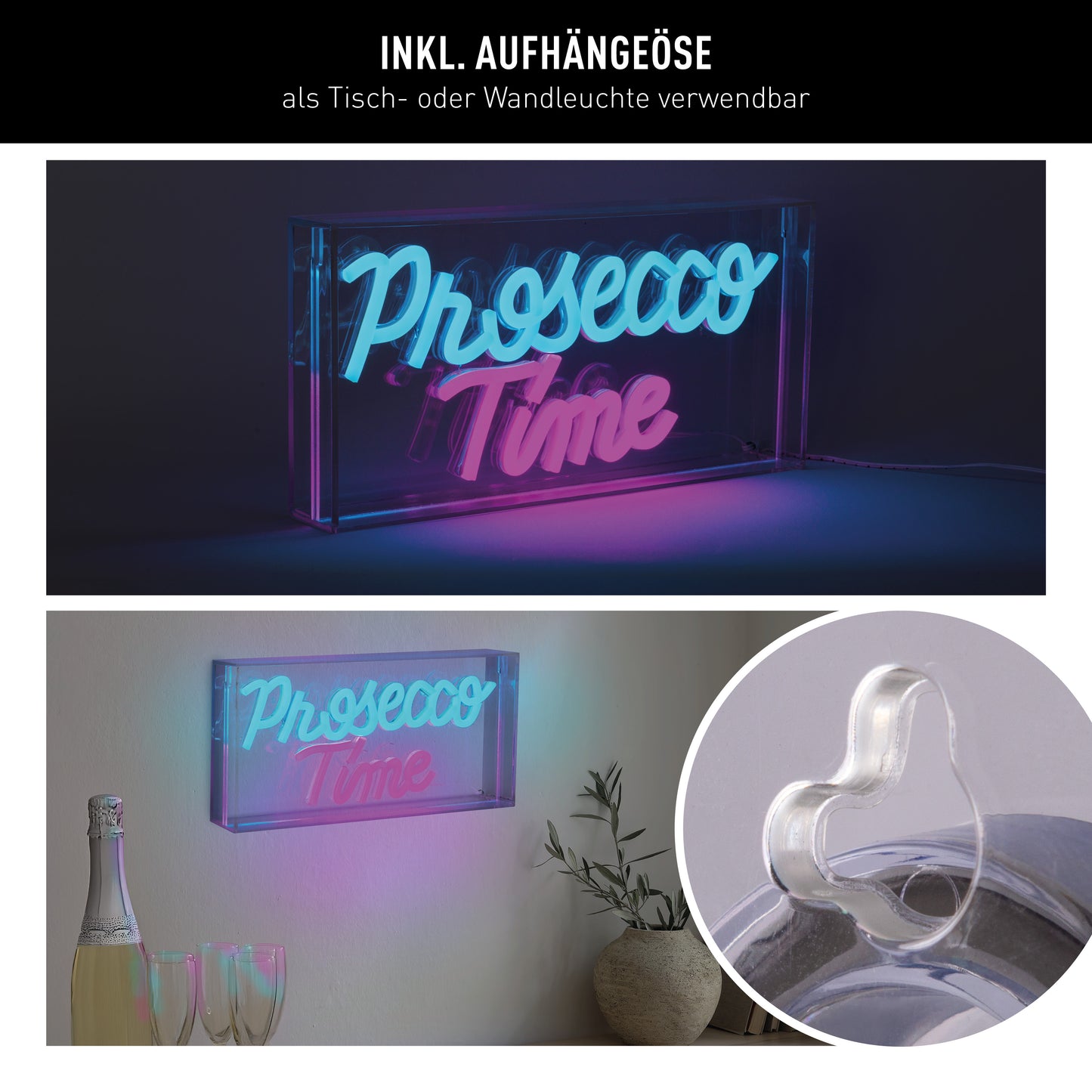 LED Schriftleuchte "PROSECCO TIME" Schild mit Tisch-/Wandfunktion L:30cm