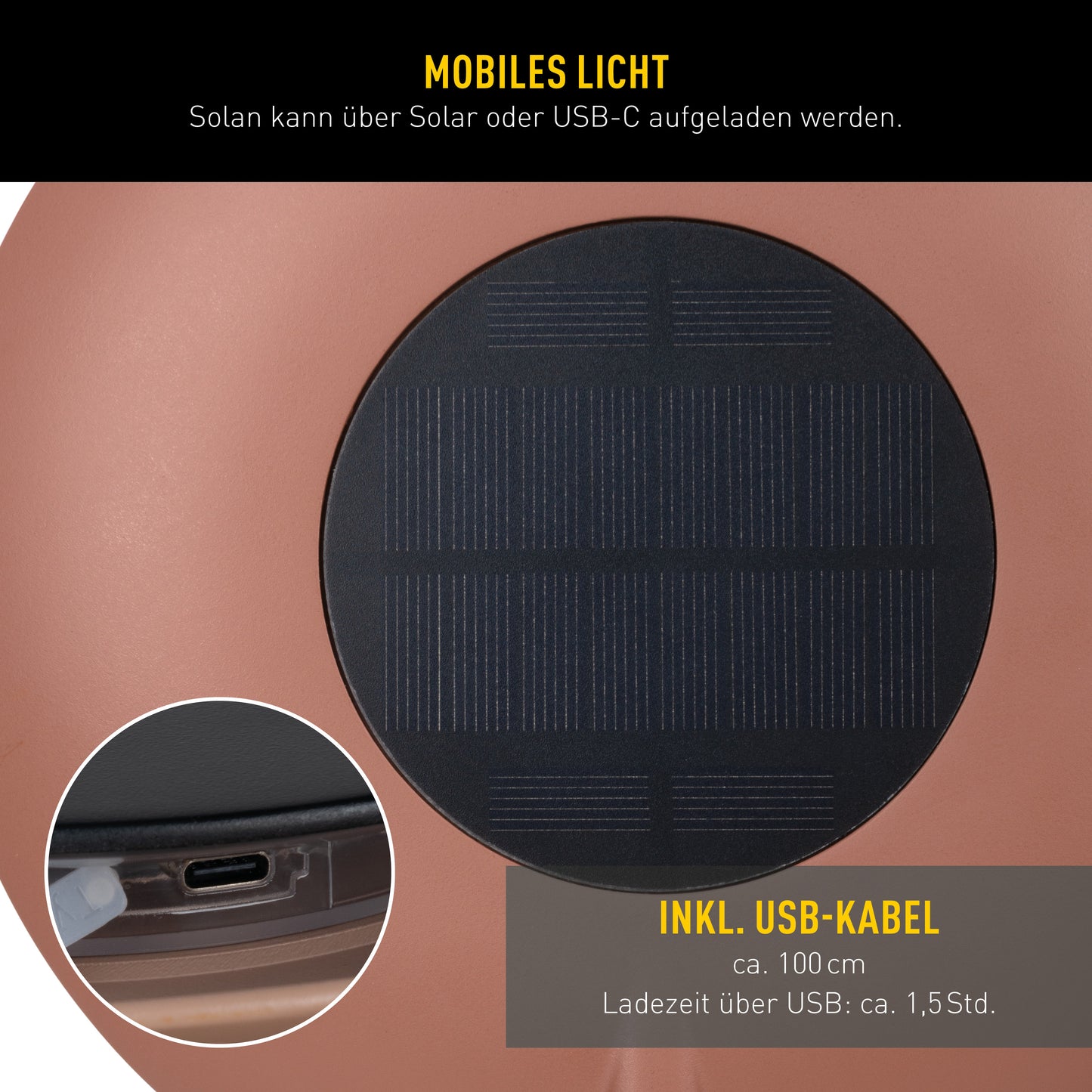 4in1 Akku-/Solar-/Tisch-/Hängeleuchte "SOLAN" H: 41,5cm mocha mousse