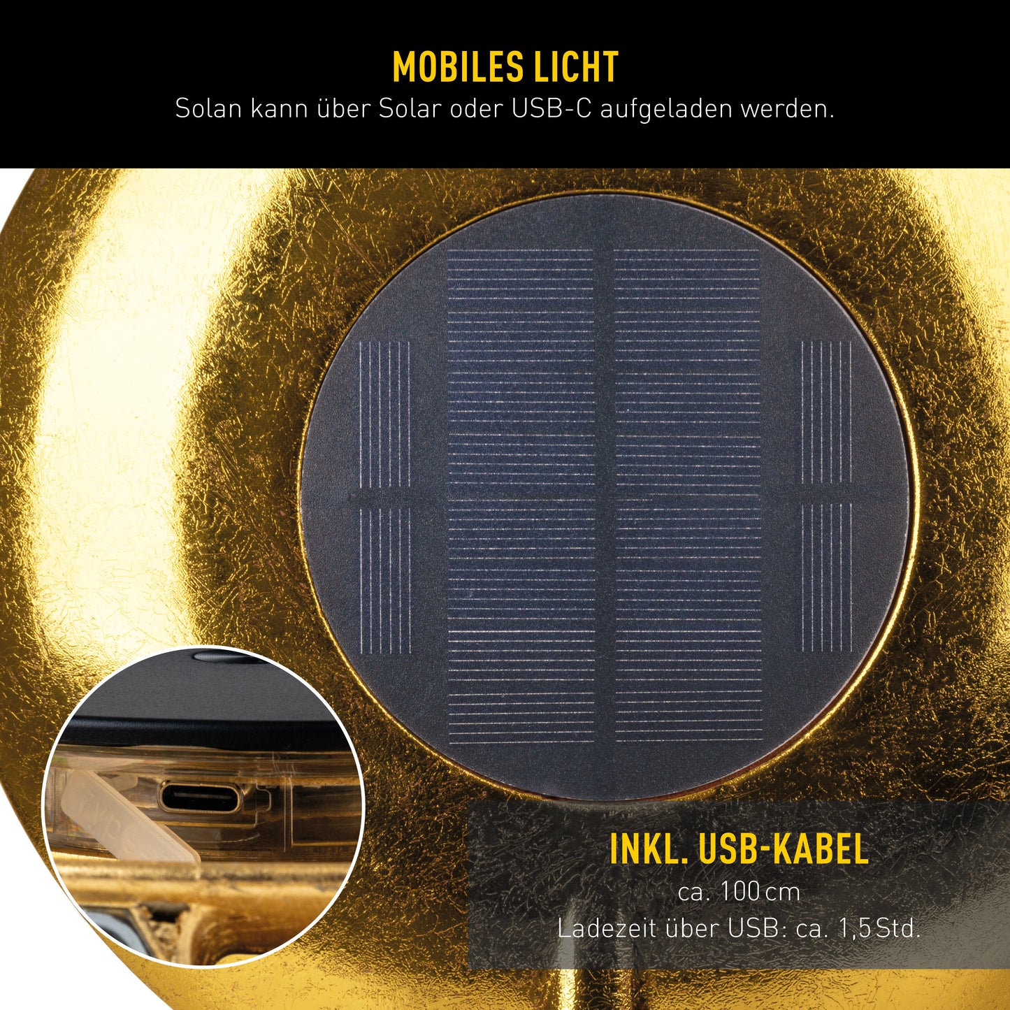 4in1 Akku-/Solar-/Tisch-/Hängeleuchte "SOLAN" H: 41,5cm gold