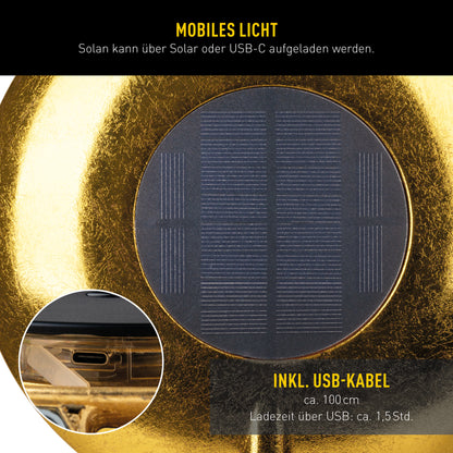 4in1 Akku-/Solar-/Tisch-/Hängeleuchte "SOLAN" H: 41,5cm gold