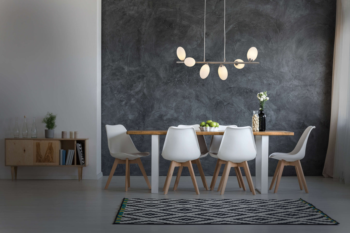 Pendelleuchte - LED Pendelleuchte "ELEGANZA" 6flg. l: 80cm, Hängelampe im Design Style, ausMetall, Glas und Kunststoff in stahl-blank, 127 cm hoch, Maße 80 x 25 cm, G9-Fassung
