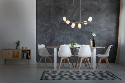 Pendelleuchte - LED Pendelleuchte "ELEGANZA" 6flg. l: 80cm, Hängelampe im Design Style, ausMetall, Glas und Kunststoff in stahl-blank, 127 cm hoch, Maße 80 x 25 cm, G9-Fassung