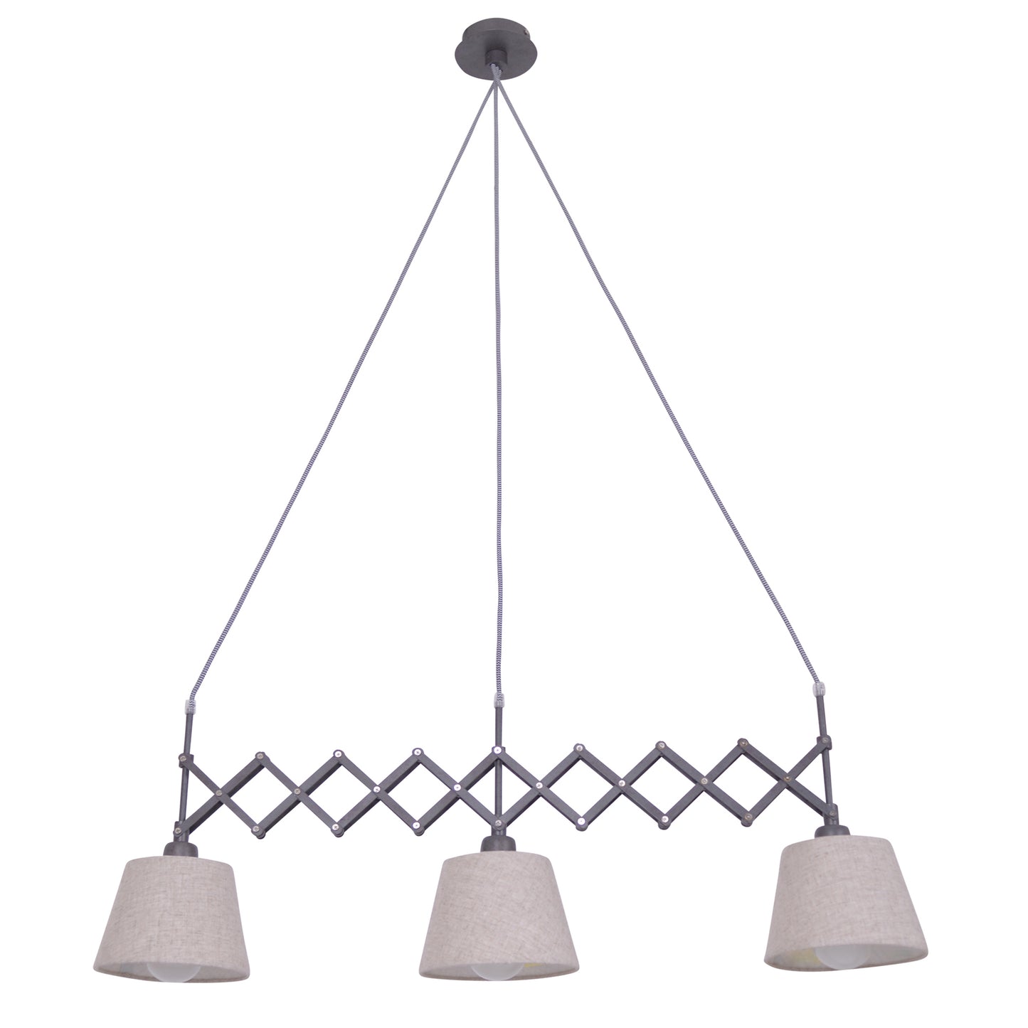 Pendelleuchte - Scherenpendelleuchte "ADRIENNE" max. b: 52-100cm natur, Hängelampe im Retro Style, ausMetall, Kunststoff und Textilmaterial in natur, 130 cm hoch, Maße 100 x 35 cm, E27-Fassung