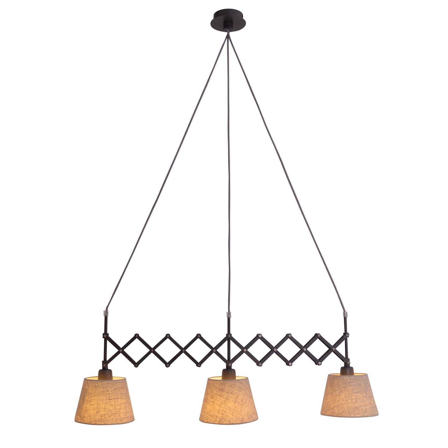Pendelleuchte - Scherenpendelleuchte "ADRIENNE" max. b: 52-100cm natur, Hängelampe im Retro Style, ausMetall, Kunststoff und Textilmaterial in natur, 130 cm hoch, Maße 100 x 35 cm, E27-Fassung