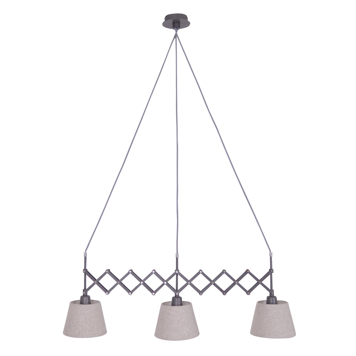 Pendelleuchte - Scherenpendelleuchte "ADRIENNE" max. b: 52-100cm natur, Hängelampe im Retro Style, ausMetall, Kunststoff und Textilmaterial in natur, 130 cm hoch, Maße 100 x 35 cm, E27-Fassung
