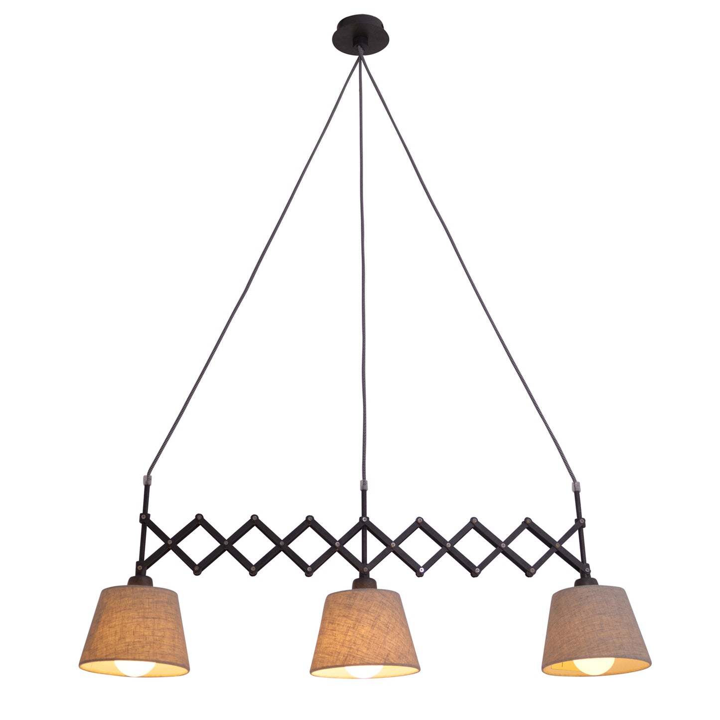Pendelleuchte - Scherenpendelleuchte "ADRIENNE" max. b: 52-100cm natur, Hängelampe im Retro Style, ausMetall, Kunststoff und Textilmaterial in natur, 130 cm hoch, Maße 100 x 35 cm, E27-Fassung