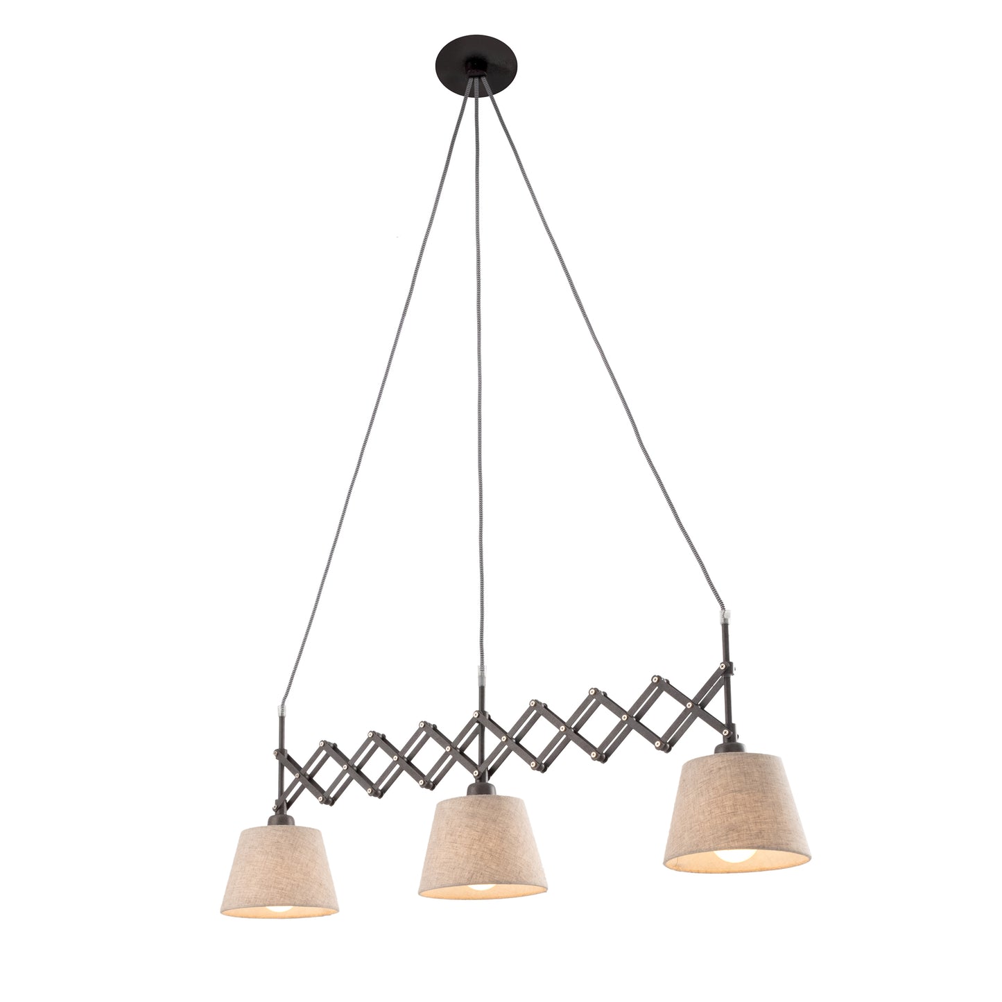 Pendelleuchte - Scherenpendelleuchte "ADRIENNE" max. b: 52-100cm natur, Hängelampe im Retro Style, ausMetall, Kunststoff und Textilmaterial in natur, 130 cm hoch, Maße 100 x 35 cm, E27-Fassung