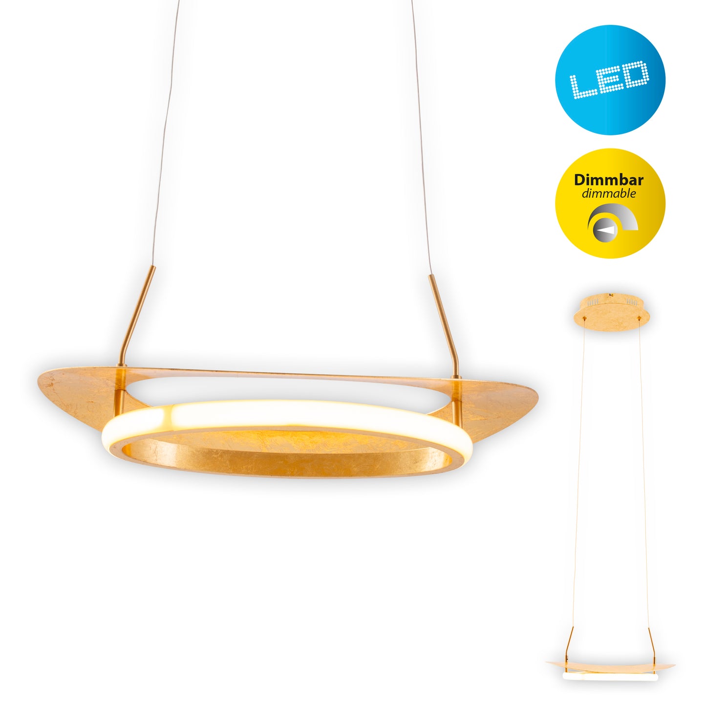 Pendelleuchte - LED Pendelleuchte "PISA", Hängelampe im Retro Style, ausMetall und Kunststoff in gold, 120 cm hoch, Maße 40 x 26 cm, Inkl. LED  dimmbar
