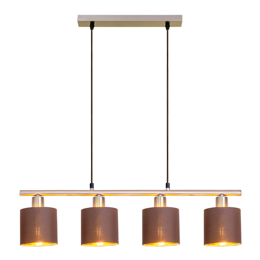 Pendelleuchte - 4er Pendelleuchte "MARON", Hängelampe im Klassik Stil, ausMetall und Textilmaterial in braun, 140 cm hoch, Maße 72,4 x 12 cm, E14-Fassung