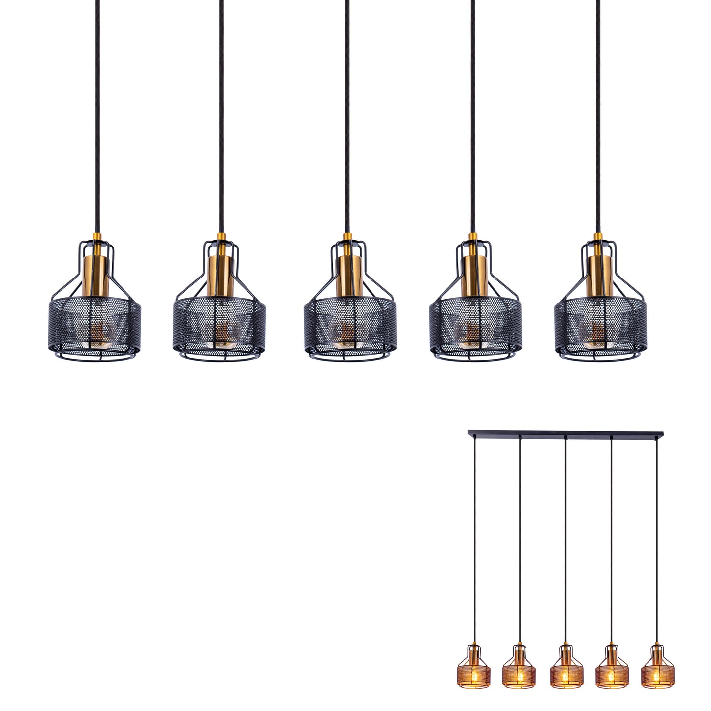 5er Pendelleuchte "FORO" L: 96cm schwarz/golden