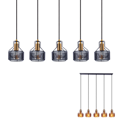 5er Pendelleuchte "FORO" L: 96cm schwarz/golden