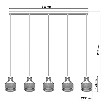 5er Pendelleuchte "FORO" L: 96cm schwarz/golden