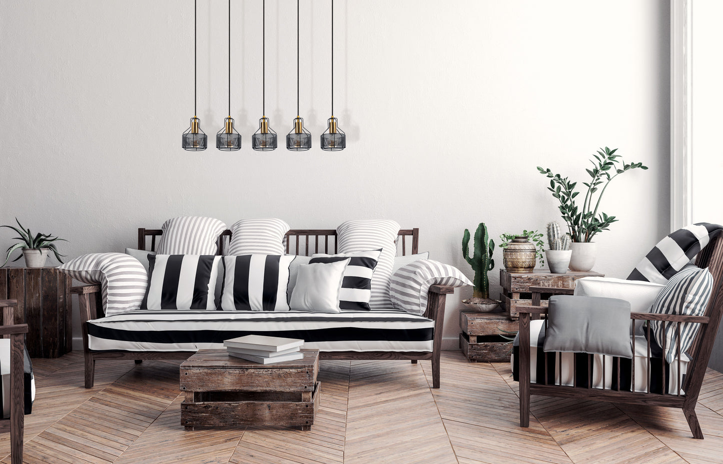 5er Pendelleuchte "FORO" L: 96cm schwarz/golden
