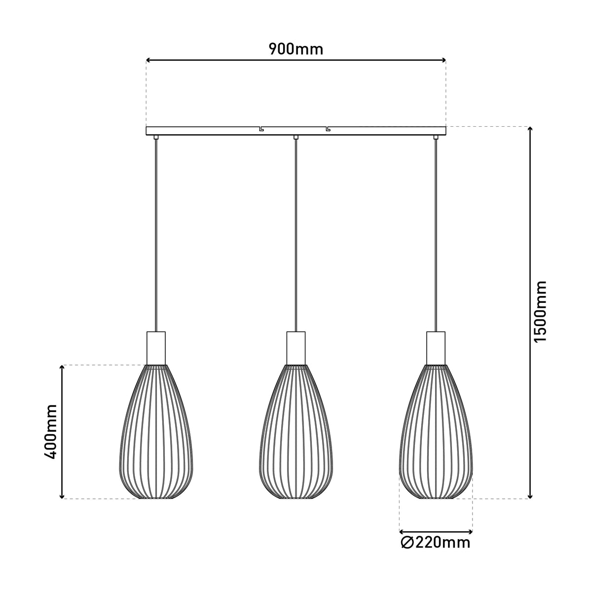 3er Pendelleuchte "WIRELLA" L: 90cm schwarz/gold