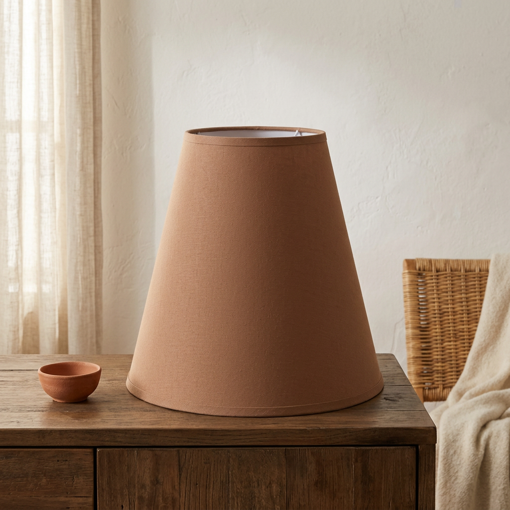 Brauner konischer BOHO-Lampenschirm ohne Lampenfuß auf einer dunklen Holzkommode, neben einer Terrakottaschale und einem Rattanstuhl mit cremefarbener Decke.